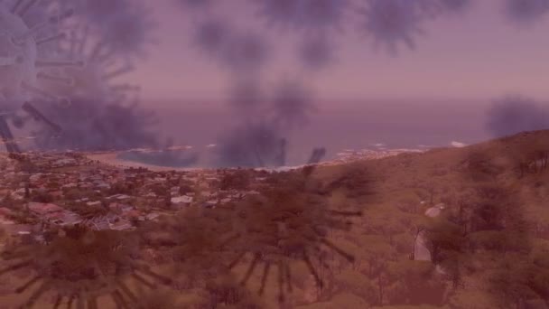 Animation de multiples macrocorona virus se propageant et flottant avec vue sur le paysage urbain et le littoral en arrière-plan. Santé mondiale avertissement peur propagation infections concept numérique composite .