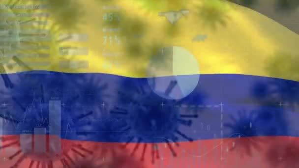 背景にチャートや統計 コロンビア国旗が掲揚された複数のマクロコロナウイルスのアニメーション 感染症の概念をデジタルで生成された画像を広める世界的な健康警告恐怖 — ストック動画