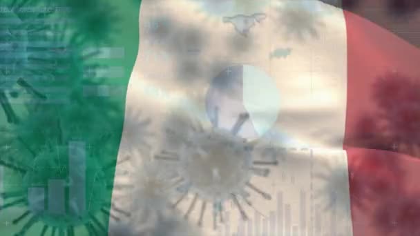 以图表 统计和意大利国旗飘扬为背景的多重宏观日冕病毒传播动画 — 图库视频影像