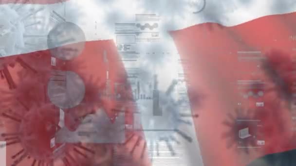 利用图表 统计和丹麦国旗在背景下飘扬的多宏观日冕病毒的动画制作 — 图库视频影像