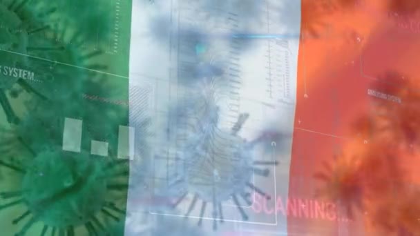 背景にチャートや統計 アイルランド国旗が掲揚された複数のマクロコロナウイルスのアニメーション 感染症の概念をデジタルで生成した画像を広める世界的な健康警告 — ストック動画