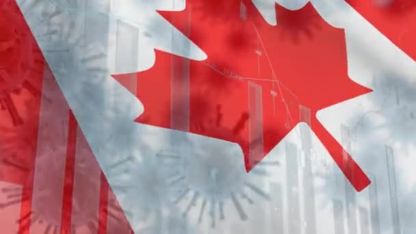 Animace Vícenásobného Šíření Viru Makrokorony Grafy Statistikami Kanadskou Národní Vlajkou — Stock video