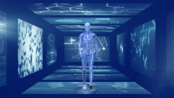 Анимация Голубой Модели Человека Идущего Коридору Магнитно Резонансных Экранов Сканирования — стоковое видео