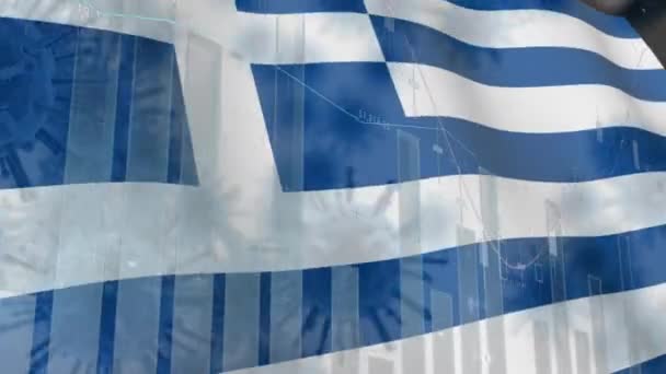 Animáció Többszörös Makró Koronavírus Terjedésének Grafikonok Statisztikák Görög Nemzeti Zászló — Stock videók
