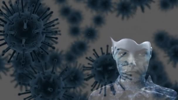 Animering Multipla Grå Makrokoronavirus Som Sprids Och Flyter Med Profil — Stockvideo