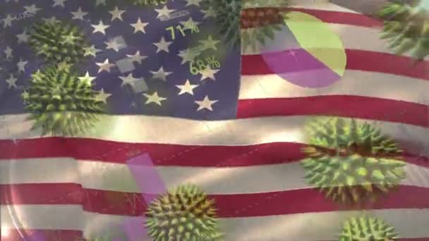 Animáció Többszörös Makro Koronavírus Elterjedése Grafikonok Statisztikák Amerikai Nemzeti Zászló — Stock videók
