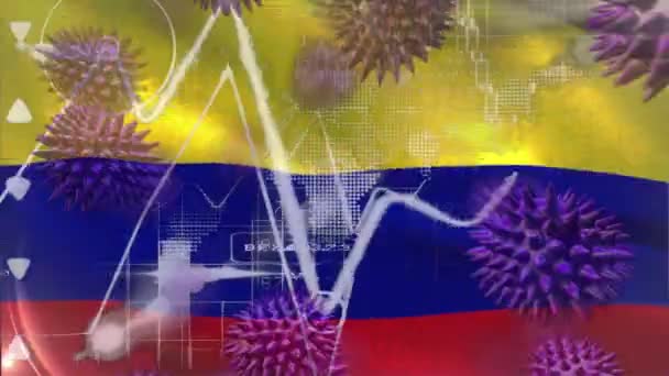 多个宏晕病毒的动画以图表和统计数据传播 背景中的哥伦比亚国旗飘扬 全球健康警报恐吓传播感染概念数字化生成的图像 — 图库视频影像