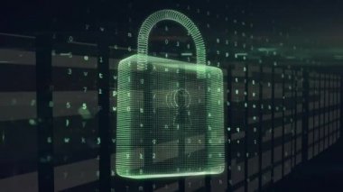 Çevrimiçi güvenlik asma kilit simgesi, veri işleme ve dijital bilginin arka plandaki bir sunucu odasındaki bilgisayar sunucu ağından akışı animasyonu. 