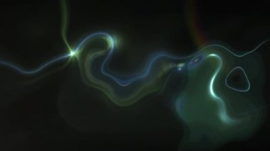 Birden fazla çarpık mavi ve yeşil sıvı şeklin animasyonu. Siyah arka planda hareket eden sarı gezgin yıldız. Tekrarlama ve akan ışık dijital olarak oluşturulmuş görüntü.