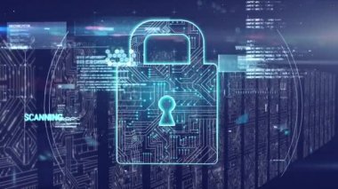 Çevrimiçi güvenlik asma kilit simgesi, veri işleme ve dijital bilginin arka plandaki bir sunucu odasındaki bilgisayar sunucu ağından akışı animasyonu. 