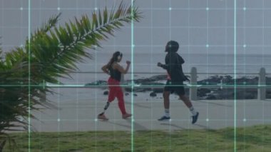 Arka planda deniz kenarında kulaklık takarak yürüyen ve egzersiz yapan engelli bir kadınla veri işleme ve istatistik kaydı animasyonu. 