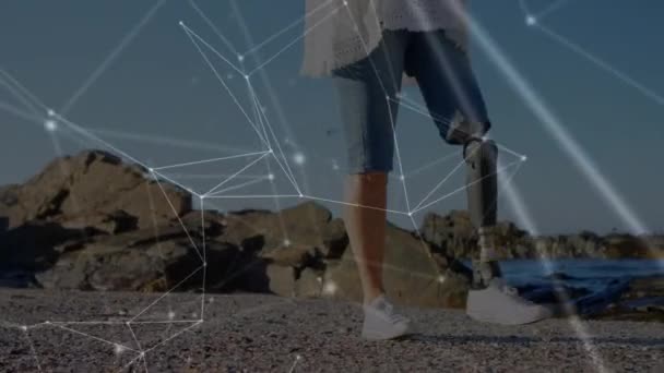 背景下 在阳光明媚的海滩上与有假腿的残疾妇女建立数据处理和联系网络 — 图库视频影像
