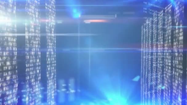 在表面有白光迹的服务器机房中 通过计算机服务器网络进行数据处理和数字信息流动的动画 — 图库视频影像