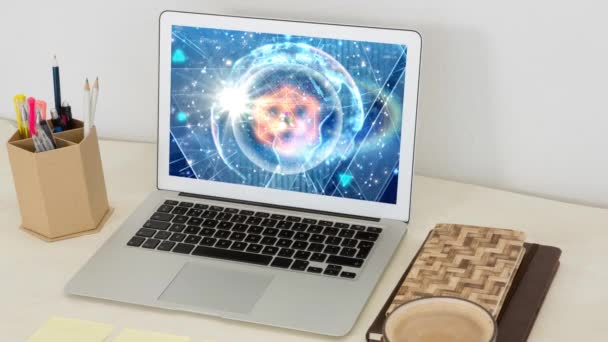 Animation Globe Spinning Displayed Screen Laptop Computer Desk Cup Coffee — Stock Video