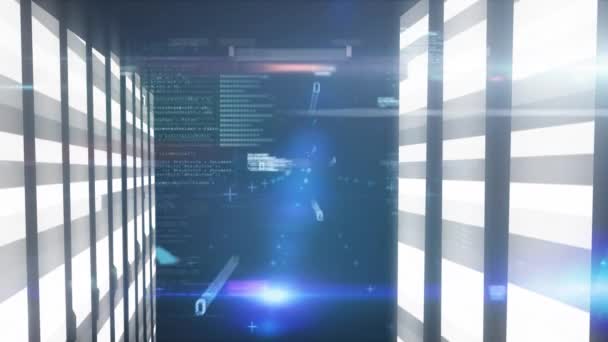 Animation du traitement des données, codage binaire et information numérique circulant à travers le réseau de serveurs informatiques dans une salle de serveurs avec des pistes de lumière blanche coulant à la surface .