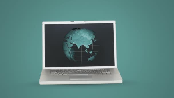 Animatie Van Globe Spinnen Weergegeven Computer Laptop Groene Achtergrond — Stockvideo