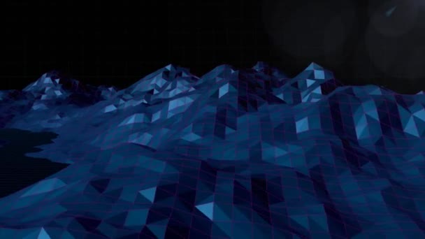 蓝色发光数字3D的动画 描绘了旋转的群山和在黑色背景上移动的流星雨 重复和流光以数字方式产生的图像 — 图库视频影像