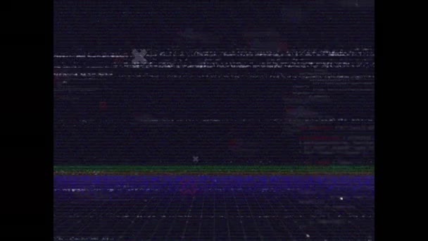 색상의 가로줄들이 깜빡거리며 보라색 컴퓨터 화면으로 움직이는 십자가와 격자로 이루어진 — 비디오