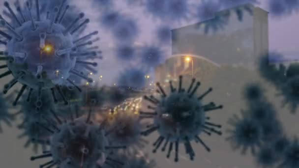 매크로 코로나 바이러스의 애니메이션은 빠르게 움직이는 교통을 배경으로 경관을 공중에서 — 비디오