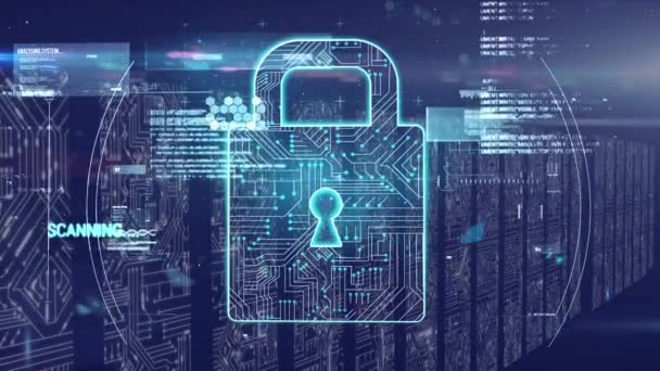 Animation de l'icône du cadenas de sécurité en ligne, du traitement des données et de l'information numérique circulant à travers le réseau de serveurs informatiques dans une salle de serveurs en arrière-plan . 