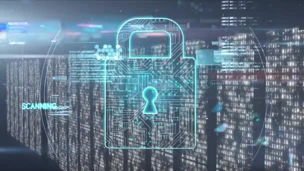 Animation de l'icône du cadenas de sécurité en ligne, du traitement des données et de l'information numérique circulant à travers le réseau de serveurs informatiques dans une salle de serveurs en arrière-plan . 