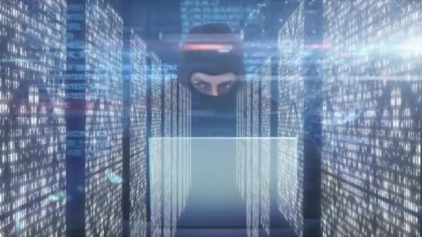 Animazione Dell Uomo Una Maschera Hacking Computer Portatile Elaborazione Dei — Video Stock