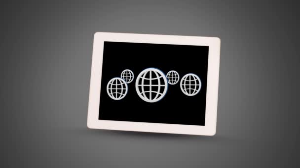 Animation Five Globes White Outlines Displayed Screen Digital Tablet Grey — Stock Video