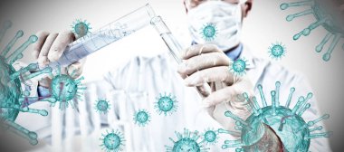 Tıbbi eldiven giyen doktor beyaz arka planda Coronavirus 'a karşı test tüpünü dolduruyor. Coronavirus testi, küresel salgın konsepti