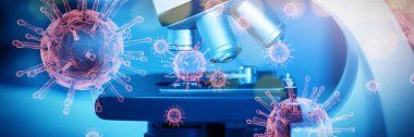 Mikroskoba karşı koronavirüs. Coronavirus testi, küresel salgın konsepti