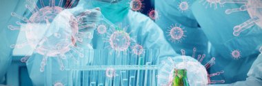 Koronavirüs, kimyagerin iki kimyagerle birlikte test tüplerine yeşil sıvı eklemesine karşı. Coronavirus testi, küresel salgın konsepti