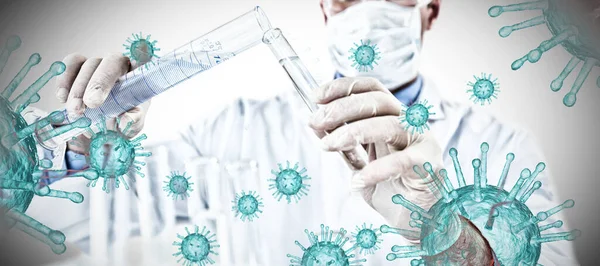 Médico Usando Luvas Médicas Enchendo Tubo Teste Contra Coronavírus Fundo — Fotografia de Stock