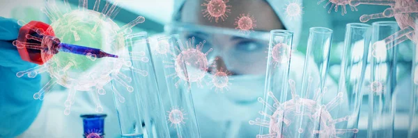 Geschützte Wissenschaftlerin Die Blaue Flüssigkeit Reagenzglas Gegen Coronavirus Abtropft Tests — Stockfoto
