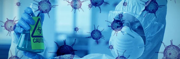 Zöld Koronavírus Védőruhás Tudósok Ellen Veszélyes Vegyi Anyaggal Flaskában Koronavírus — Stock Fotó
