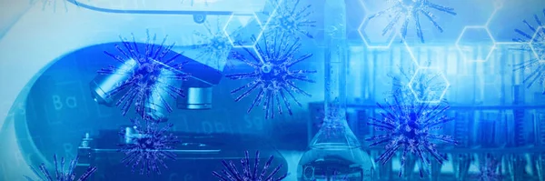 Ψηφιακή Εικόνα Του Μπλε Coronavirus Κατά Μικροσκόπιο Στο Εργαστήριο Δοκιμές — Φωτογραφία Αρχείου