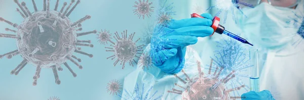 Image Numérique Coronavirus Bleu Contre Scientifique Protégé Qui Dépose Liquide — Photo