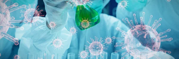Coronavirus Tegen Chemicus Mengen Van Groene Vloeistof Bekerglas Met Twee — Stockfoto