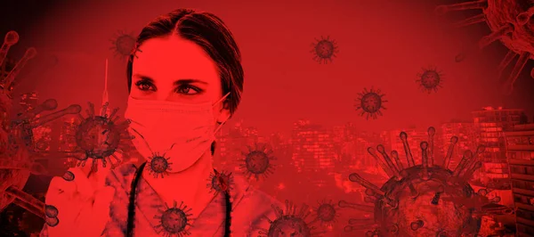 年轻的黑发女医生在夜间对着灯火通明的城市进行注射 Coronavirus试验 全球大流行病概念 — 图库照片