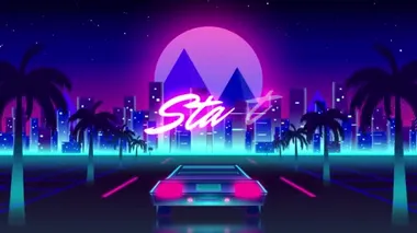 Klasik video oyunu ekranının animasyonu. Pembe harflerle başla. Spor arabasının arkası şehre doğru gidiyor ve palmiye ağacı çizgili yolda parlayan pembe ay var., 