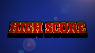 Konuşma balonunda kırmızı harflerle yazılmış Yüksek Puanlı kelimelerle mavi arkaplanda mavi ışıklı cıvata ile klasik video oyunu ekranının animasyonu. 