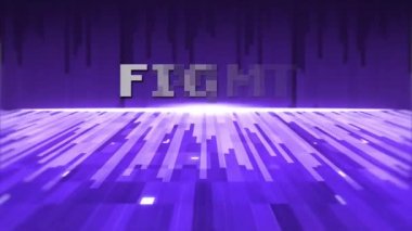Pikselli kelime ile eski video oyunu ekranının animasyonu Mor arkaplan üzerinde beyaz harflerle yazılmış kavga pürüzsüz döngü içinde hareket eden ışık izleriyle titreşiyor.