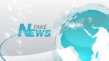Mavi, beyaz ve mavi dijital küre ile yazılmış sahte haberler animasyonu, mavi çizgiler ve ızgara ile bilgi işleme beyaz arkaplan üzerinde hareket.