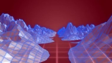 Kırmızı zemin üzerinde hareket eden mavi dağların ve pembe ızgaraların 3d topografik haritasının canlandırması
