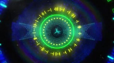 Parlayan sarı, yeşil ve mavi neon kaleydoskop dairelerinin animasyonu dijital olarak oluşturulan siyah arkaplanda hipnoz hareketinde tekrarlanıyor.