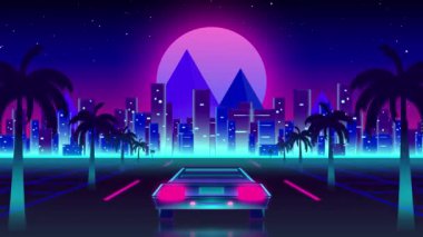 Gecenin karanlığında yanan şehir manzarasına doğru giden arabanın animasyonu. Mavi arka planda parlayan pembe ay ile parlayan palmiye ağaçlarının olduğu yol boyunca parlayan yatay turkuaz bir hat.