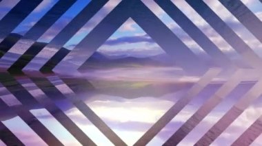 Aynalı cam katmanların animasyonu elmas şekiller arka planda gün batımında kıyı şeridi, deniz ve dağlar ile tekrar tekrar hareket ediyor.. 