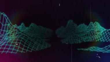 Topoğrafik haritada görünen parlak mavi ve yeşil dağ çizgilerinin, beyaz ışık noktaları ve koyu mavi arkaplan üzerinde gökkuşağı ile yüksek hızda hareket eden kusursuz bir döngüsü..