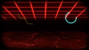 Siyah arkaplanda mavi ve sarı soyut şekillerle birlikte altta akan hareketli kırmızı dalgalarla parlayan neon kırmızı ağların animasyonu. Dijital olarak üretilen neon ışık ve enerji akışı kavramı.