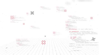 Dijital veri işleme, analiz etme, deşifre etme, beyaz arkaplanda ızgara ile titreşen sembollerle kusursuz döngü içinde hareket etme. 