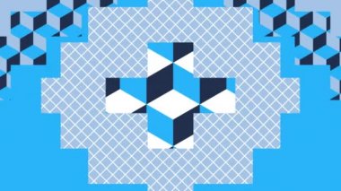 Küp biçiminde tekrarlanan çoklu mavi ve beyaz kareler, haçlar, spiraller ve geometrik şekillerin ortaya çıkışı ve kayboluşunun canlandırması.