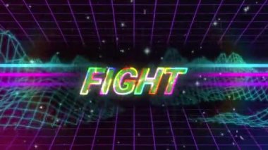 Klasik video oyunu ekranının animasyonu. Metalik çok renkli büyük harflerle yazılmış 